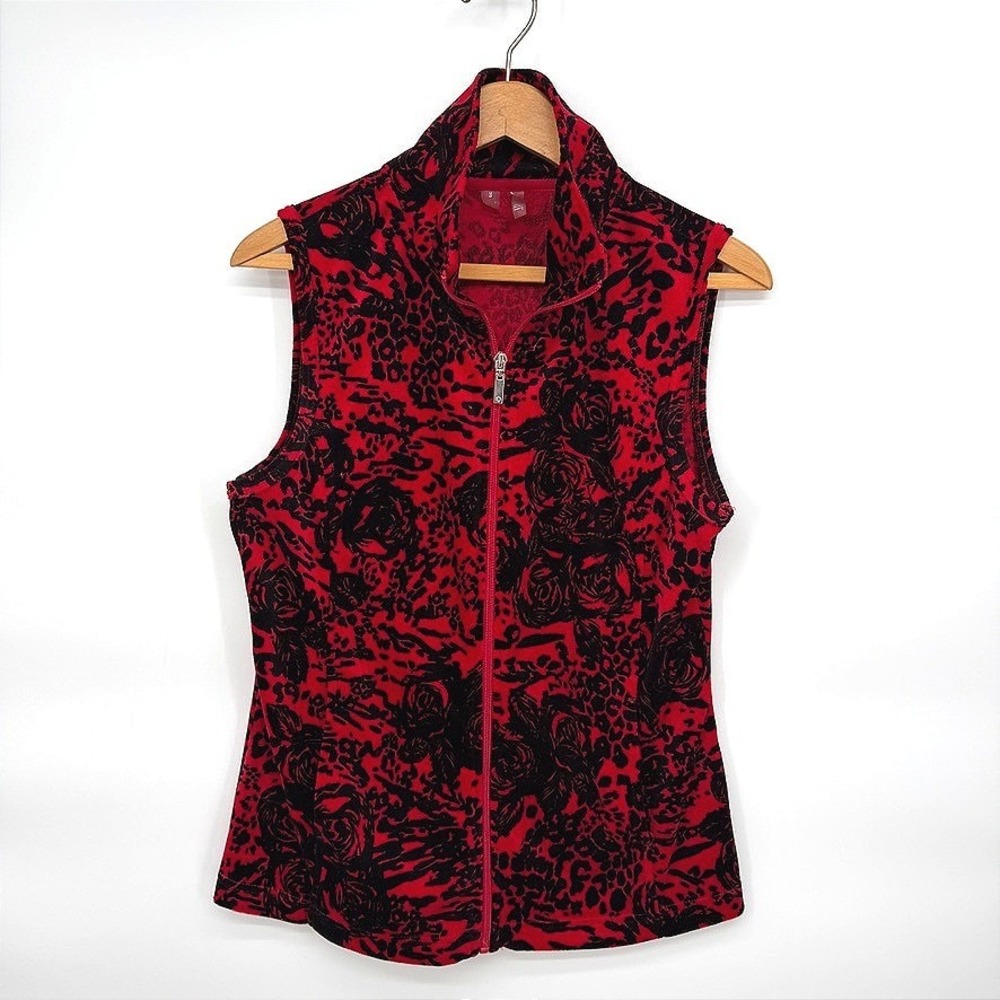 Silverwear Vest Velvety Red Black Leopard Print Floral Full Zip Pockets Small